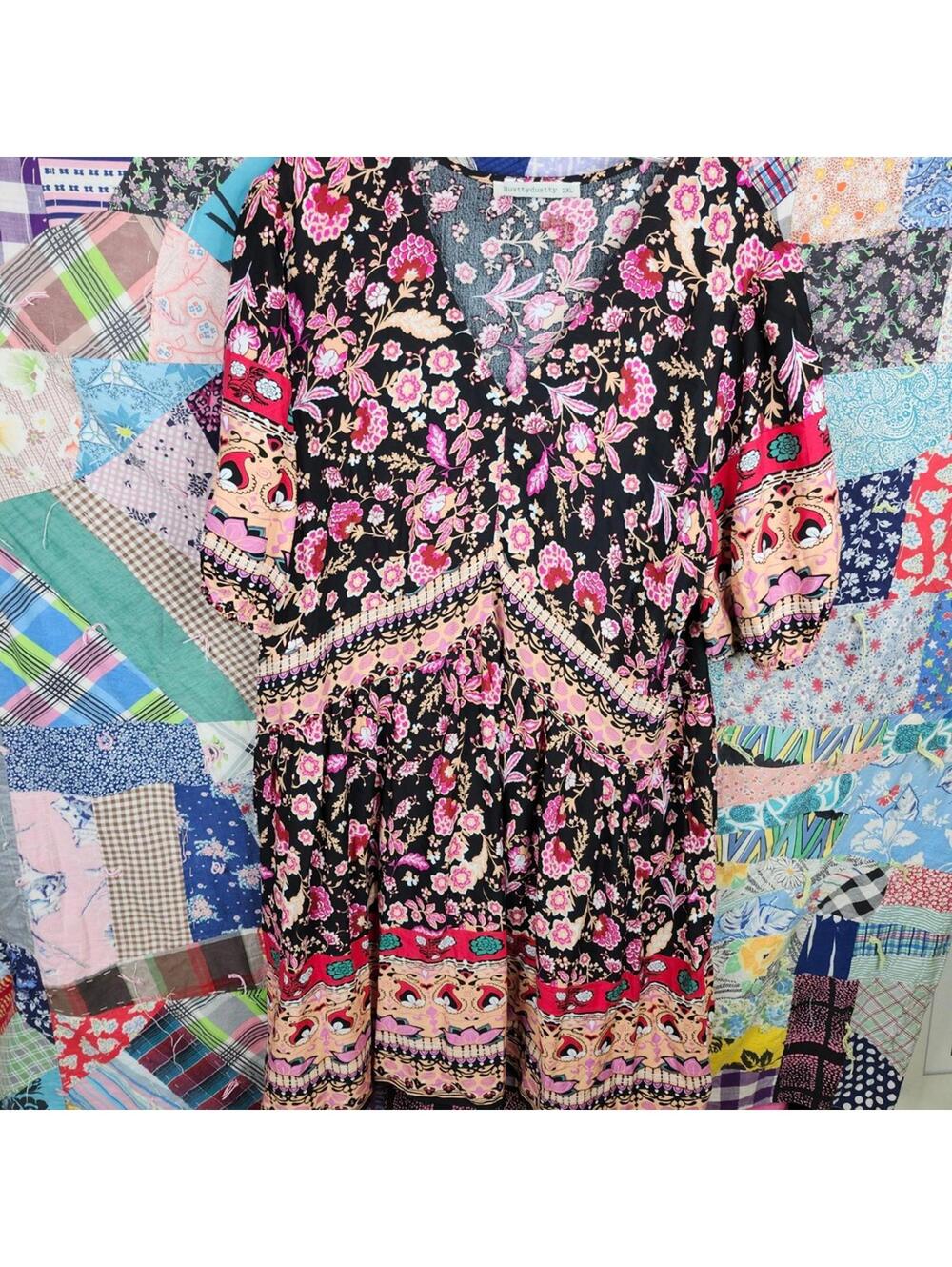 Rustydustty Floral Print Dress V Neck Bohemian Style 2XL